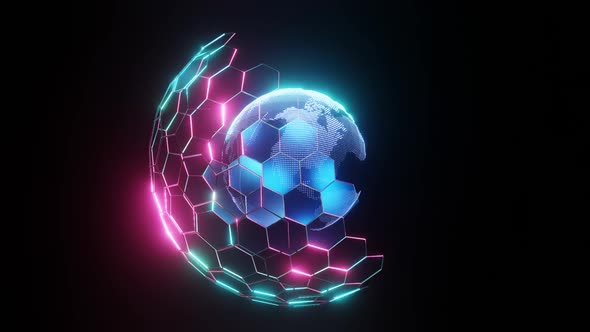 HD Digital planet. Blue glowing hexagonal mesh alt