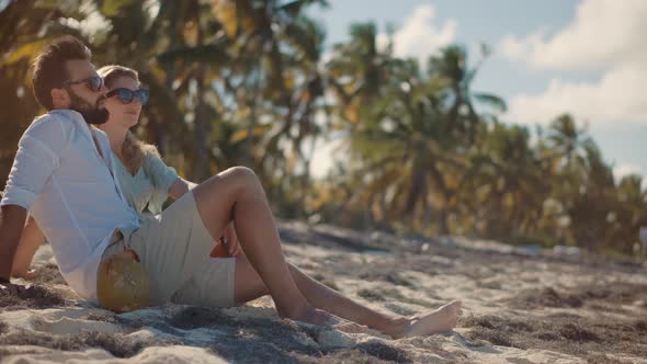 Romantic Couple Enjoying Relaxing Ocean On Caribbean Resort. Honeymoon Holidays On Hawaii.