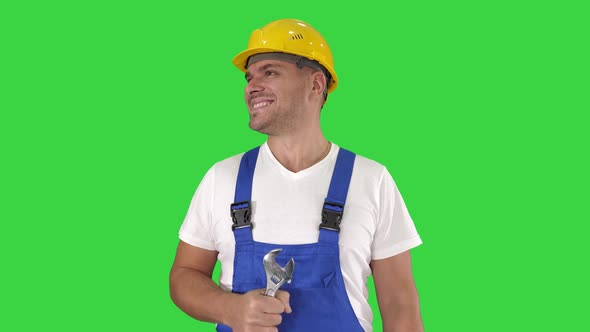 Friendly Constructor Willing To Fix Something Showing Thumb Up on a Green Screen, Chroma Key