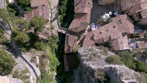 Top-down aerial shot of Moustiers-Sainte-Marie village near Verdon Gorge, France