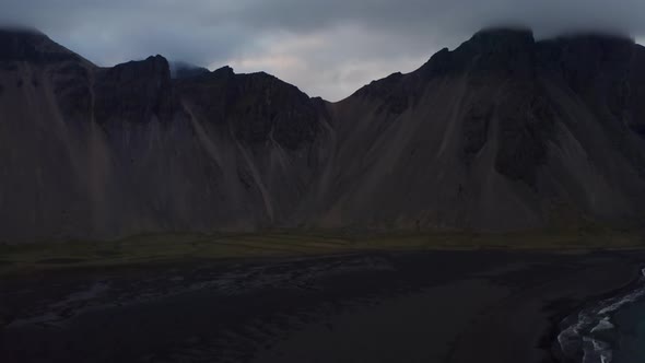 Drone Over Black Sand Beach Towards Vestrahorn