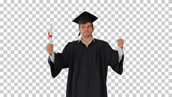 Male student in graduation robe posing, Alpha Channel