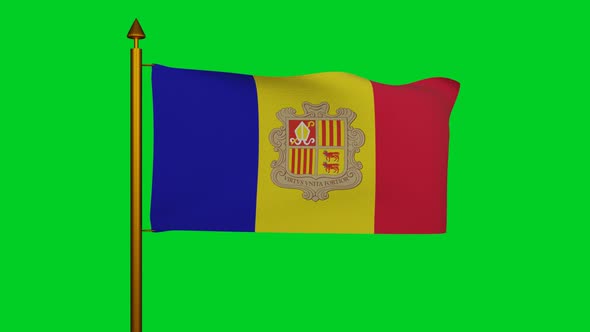 National flag of Andorra waving with flagpole on chroma key, Principality of Andorra flag textile