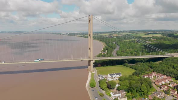 Aerial footage of The Humber Bridge, near Kingston upon Hull, East Riding of Yorkshire