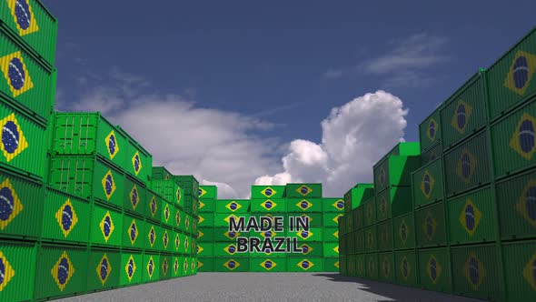 Many Containers with MADE IN BRAZIL Text and Flags alt