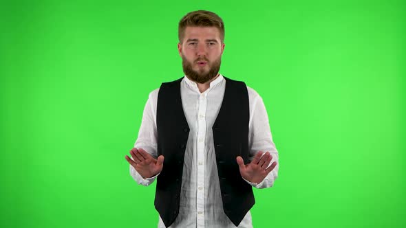 Man Refuses Stress and Takes Situation, Calms Down, Breathes Deeply. Green Screen