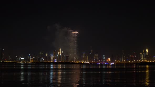 View of Burj Khalifa From the Dubai Creek Harbour New Years Fireworks Timelapse.