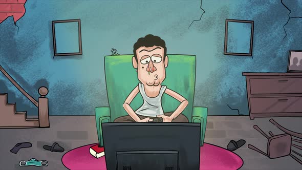 Lazy Man Playing Computer Game in His Room 4K