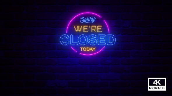 Sorry Were Closed Neon Sign Flickering Light Animation 4K Video Footage