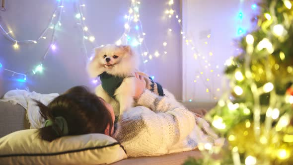 happiness joyful christmas holiday moment with asian cheerful female leisure relax hand cuddling