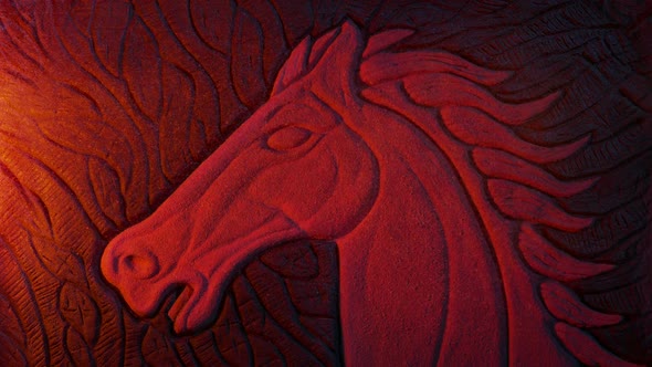 Red War Horse Lit Up In Dusty Tomb