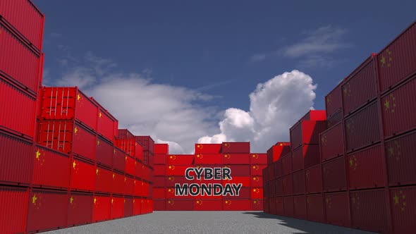 Containers with CYBER MONDAY Text and National Flags of China