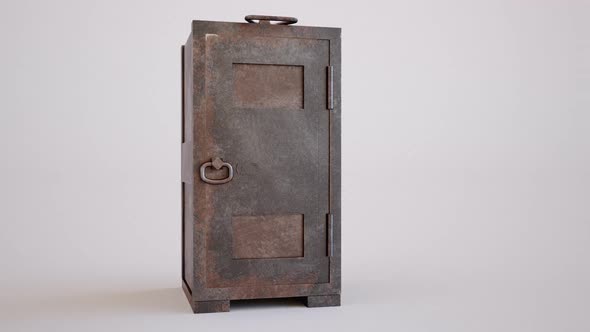 Old, rusty safe. The doors of the strongbox open showing the empty interior.