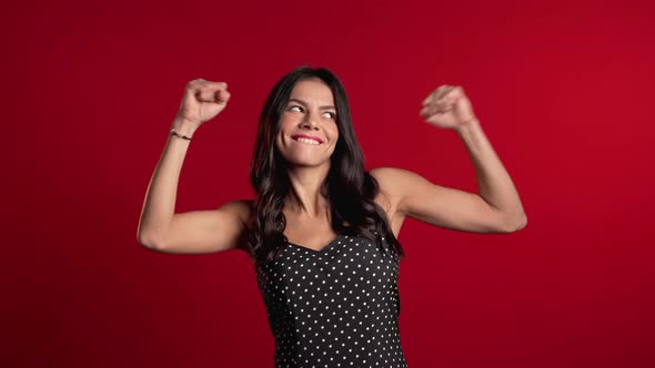  Girl with Long Hair Shows Yes Gesture of Victory,she Achieved Result, Goals.