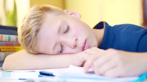 close-up portrait of a young cute boy, schoolboy lying at the table closes his eyes 