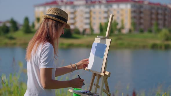 Female Painter is Drawing Plein Air Spending Free Time with Creative Hobby