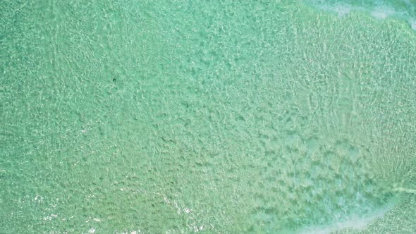 Beautiful drone copy space shot of a white sand paradise beach and aqua blue water background 