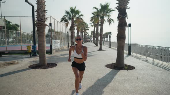 Young Caucasian Woman Running at Seaside