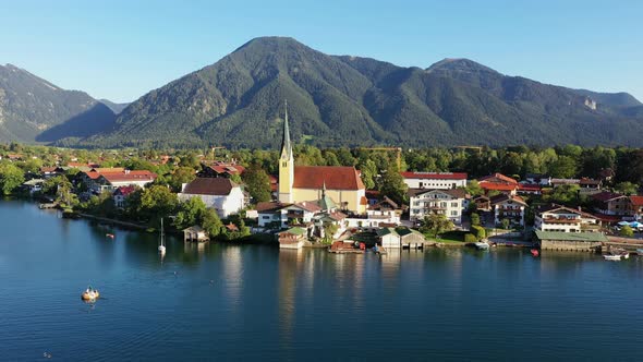 Aerial of lake Tegernsee and St. Laurentius church, Rottach-Egern