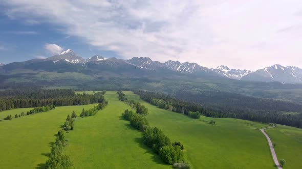 Aerial View of Fresh Green Landscape in Spring Alpine Mountains Nature