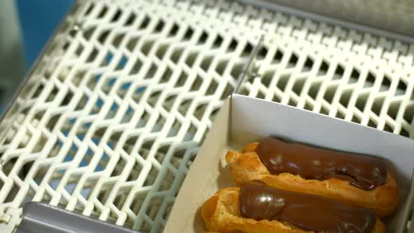 Eclair Boxes on Conveyor Belt.