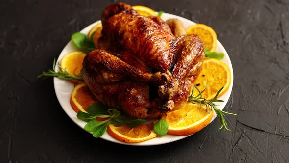 Roasted Whole Chicken or Turkey Served in White Ceramic Plate with Oranges