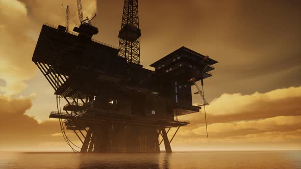 Offshore Jack Up Rig in The Middle of The Sea at Sunset Time