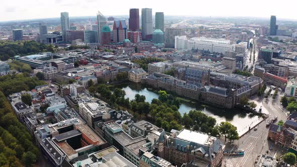 City skyline of The Hague, Netherlands with courthouse and court pond, aerial view.