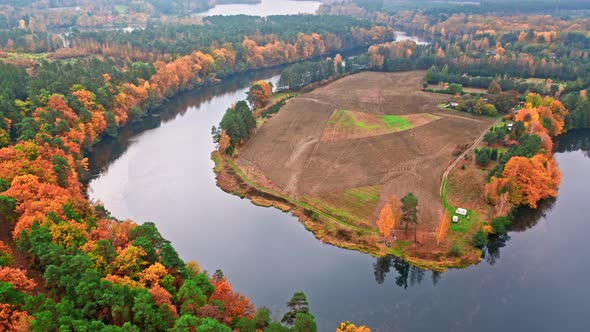 Big and winding river and autumn forest, aerial view