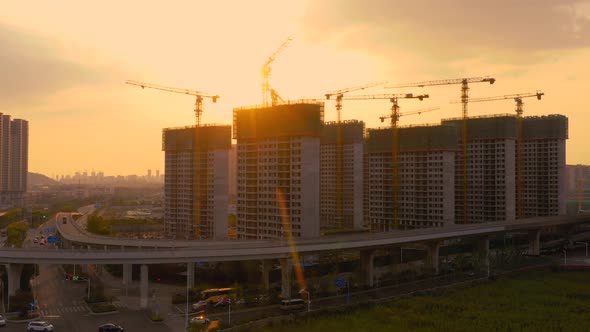 Aerial of construction site at sunset