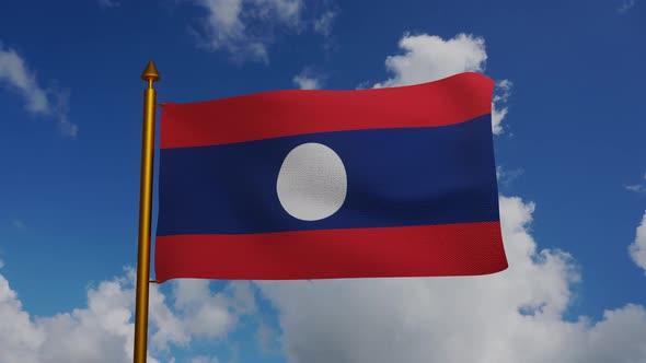 National flag of Laos waving with flagpole and blue sky timelapse, Lao Peoples