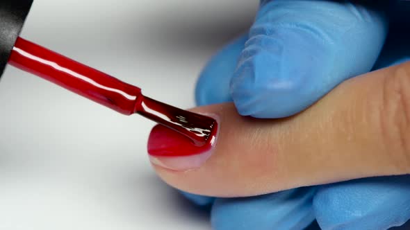 Specialist Ends the Procedure of Manicure Uses a Polish of Nail. Close Up