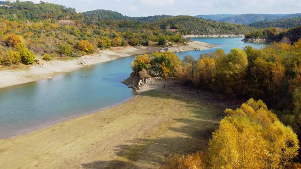 The lake of Saint-Cassien in septembre 2022 during the drought in France seen from the sky alt