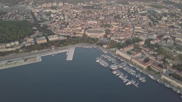 Pula, Croatia. Aerial Footage On Sunset #1. Flat Color