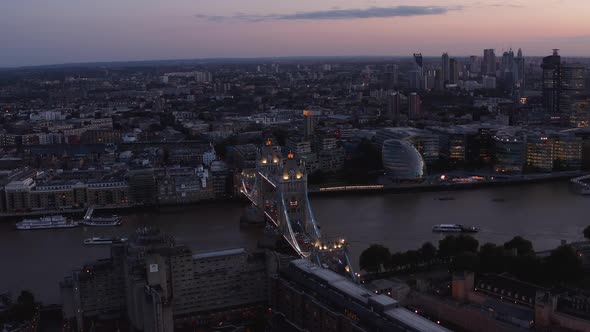 Aerial View of Boats Floating on Thames River at Tower Bridge