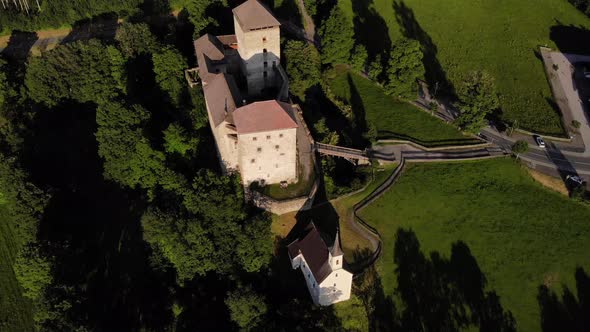Bird's Eye View Of The Medieval Exterior Of The Kaprun Castle In Salzburg, Austria, aerial