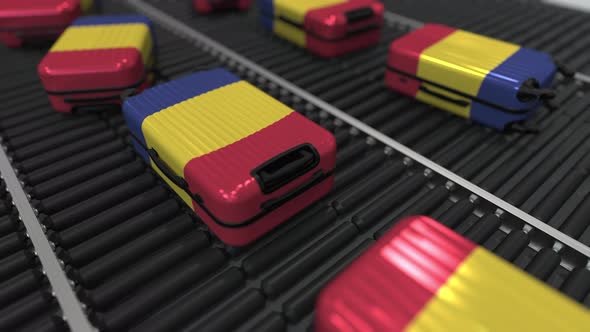 Suitcases Featuring Flag of Romania on Roller Conveyer