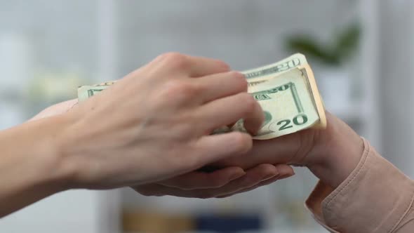 Female Giving Dollar Cash to Senior Woman, Volunteer Helping Retiree, Support