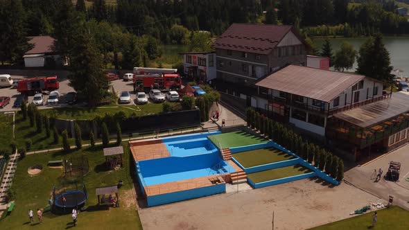 Aerial view of firefighters preparing for fire drill