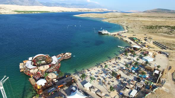 Aerial view of bungee jumping ramp on zrce beach, Pag