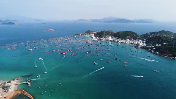 Fish farming and marine activity in tropical waters of Vietnam; aerial