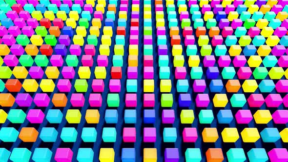 Abstract Loop Background with Cubes Lined Up in Rows on a Plane with Neon Lighting of Cubes