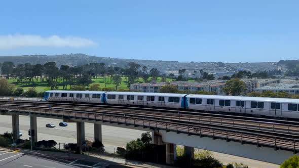 Bay Area Rapid Transit (BART) on overpass bridge in San Francisco Bay Area, California.