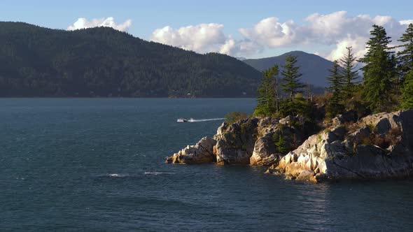 Ocean Inlet - Fishing Boat - Mountain Forests