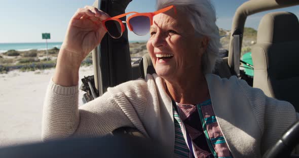 Senior woman in a car at the beach