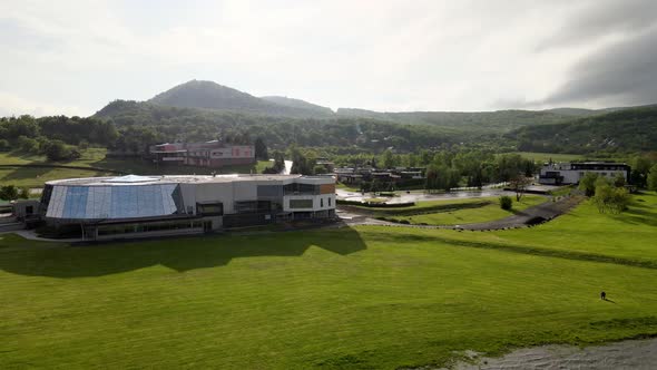 Aerial view of the recreational zone at Zemplinska sirava in Slovakia - Sunset