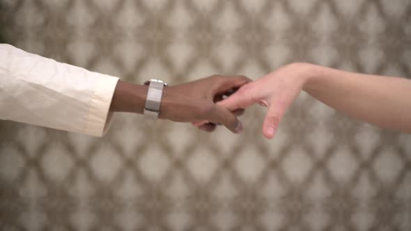 Happy bridal couple touching hands