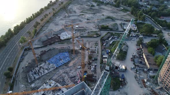 Aerial View of the Construction of a New Modern Residential Complex Near the River Kyiv Ukraine