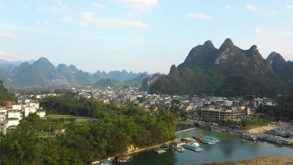 Aerial of the amazing rock formations along the Li River in China