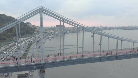 Pedestrian Bridge Over the Dnipro River in Kyiv, Ukraine. Aerial View